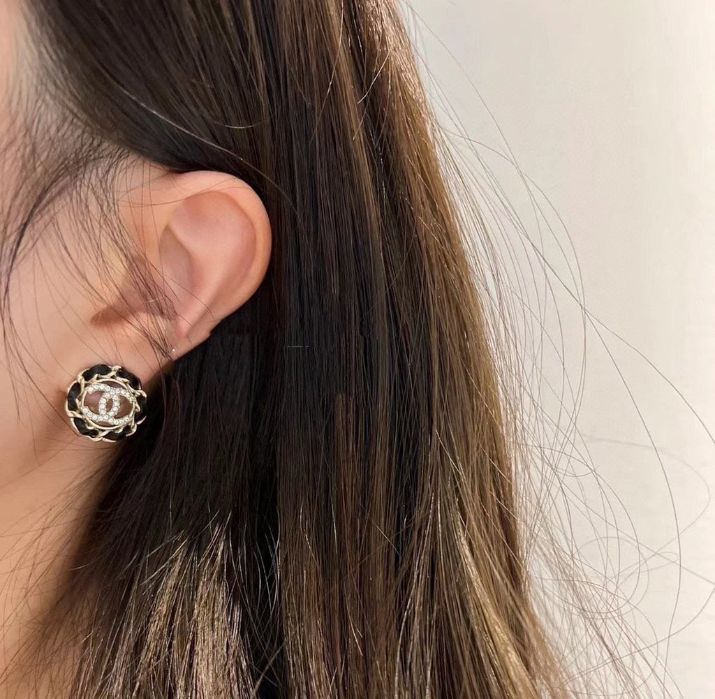 18K  Chanel Black Leather Earrings